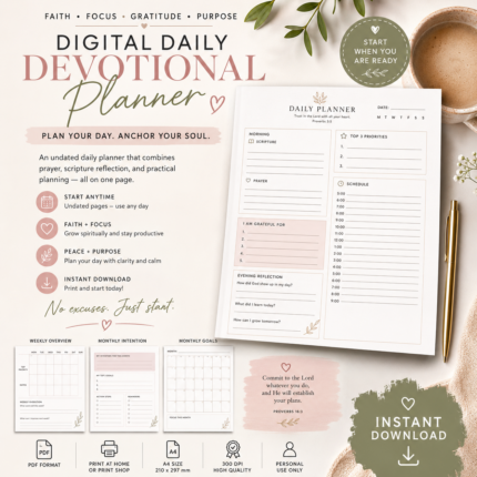 digital daily devotional planner – undated printable pdf | prayer and productivity planner