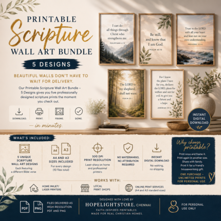 printable scripture wall art bundle – 5 faith designs (a4 & a3) | instant download