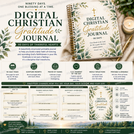 digital christian gratitude journal – 90 days printable pdf | daily blessing tracker