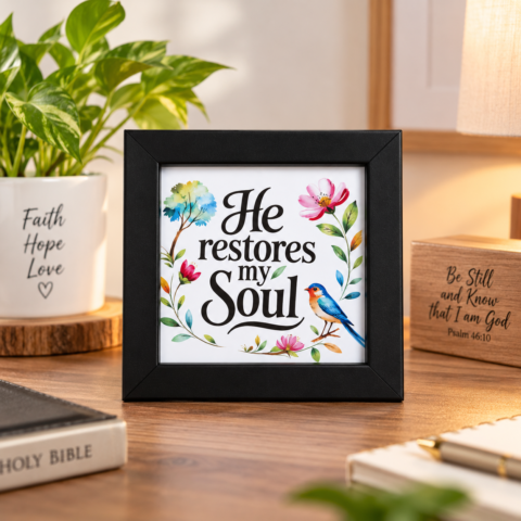 He Restores My Soul 4x4 Inch Bible Verse Frame | Christian Wall Decor & Faith Gift | Hopelightstore
