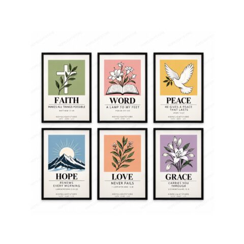 Christian Wall Art Set of 6 | A5 | Faith, Hope, Love, Grace, Word & Peace | Inspirational Bible Verse Prints | Home & Gift Decor