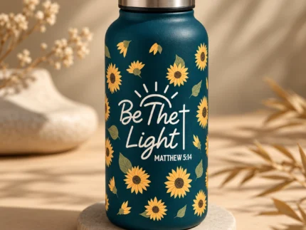 Be The Light Bible Verse Stainless Steel Water Bottle – Deep Teal Botanical Design | Matthew 5:14 Christian Gift