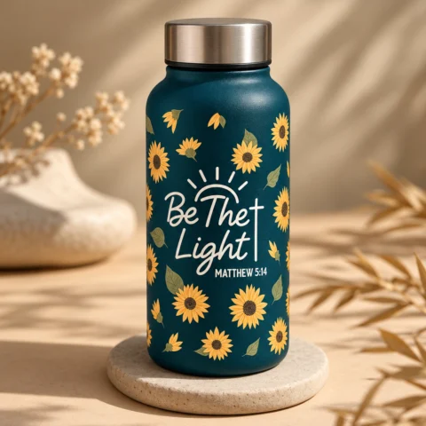 Be The Light Bible Verse Stainless Steel Water Bottle – Deep Teal Botanical Design | Matthew 5:14 Christian Gift