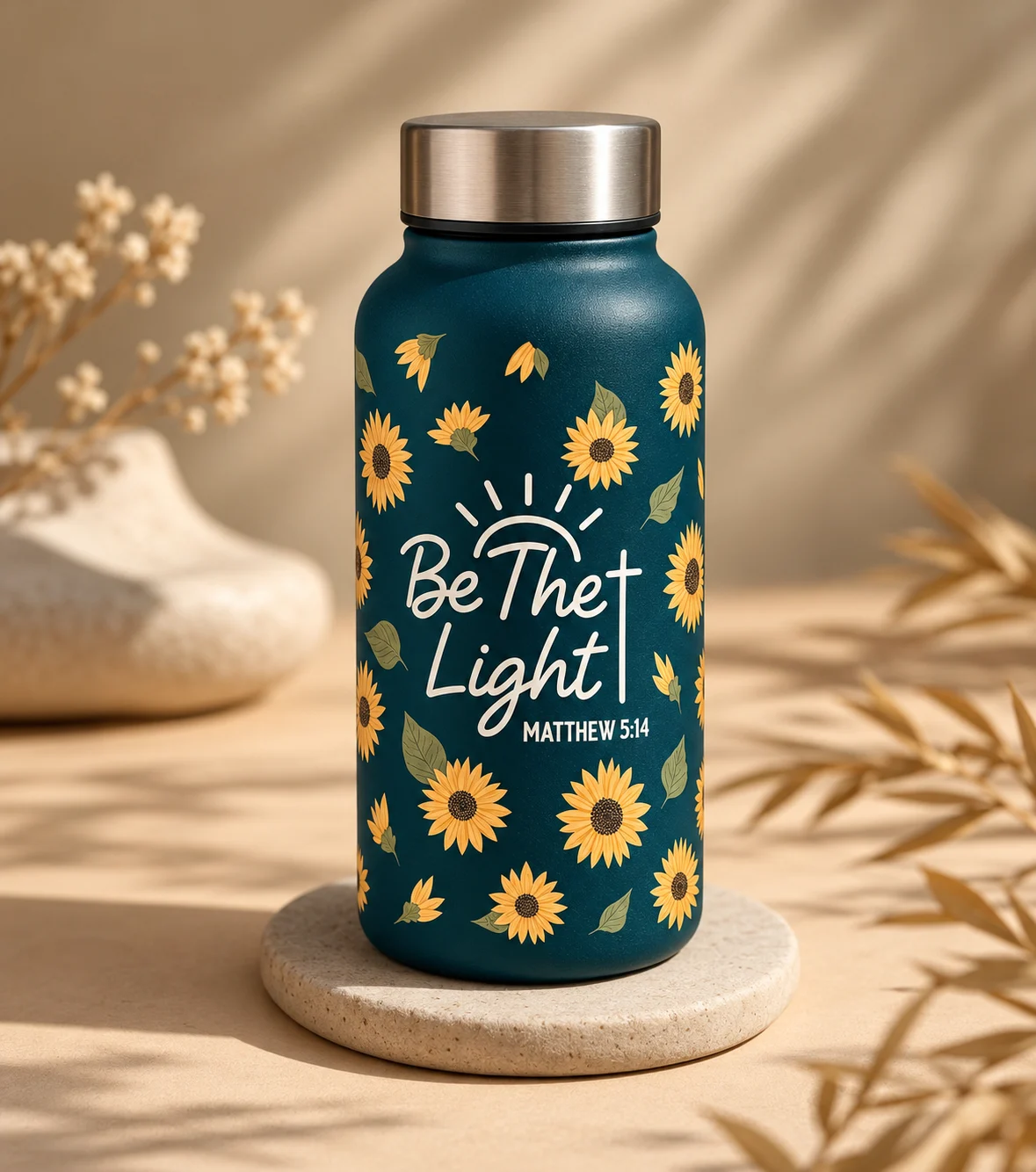 Be The Light Bible Verse Stainless Steel Water Bottle – Deep Teal Botanical Design | Matthew 5:14 Christian Gift